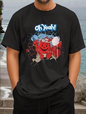 Hand Crafted Black Short-Sleeve Graphic Tee with Red Character